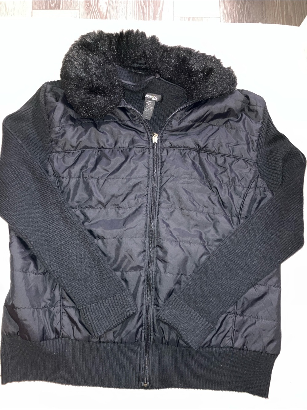 Style & Co. Black Quilted Puffer Jacket with Faux Fur Collar